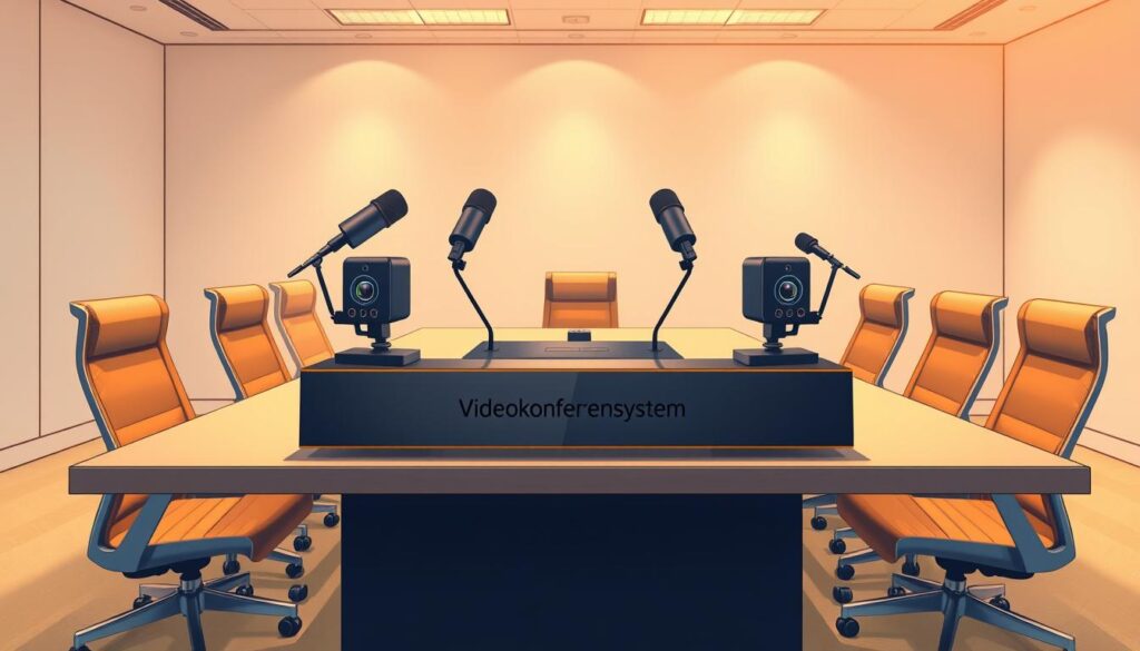 A clean, modern office space with a large conference table and several ergonomic chairs. On the table, a high-quality videoconferencing system sits prominently, its sleek "Videokonferenssystem" branding visible. The system features multiple microphones, cameras, and speakers, arranged for optimal audio and video capture. Warm, indirect lighting illuminates the scene, creating a professional and collaborative atmosphere. The background walls are neutral in color, allowing the videoconferencing equipment to be the focal point. The overall composition conveys efficiency, connectivity, and a productive environment for group video meetings.