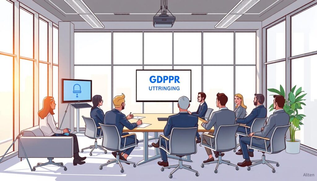A corporate training room with large windows, natural light flooding the space. A group of professional-looking employees seated around a conference table, engaged in a GDPR-utbildning session. Videokonferenssystem equipment is set up in the corner, ready for virtual participation. Sleek, modern furniture and minimalist decor create a sophisticated, yet approachable atmosphere. The instructor stands at the front, using a digital presentation to guide the discussion on data protection and compliance. An air of focused attention and collaborative learning permeates the scene.