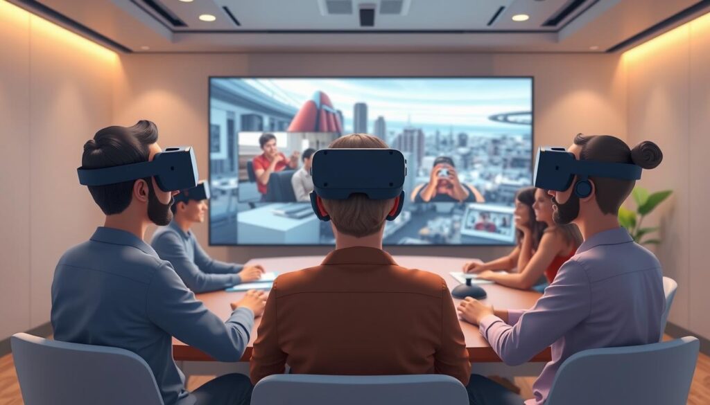 A cutting-edge virtual reality videoconferencing system with advanced AI-powered features. In the foreground, avatars of meeting participants engage in lively discussions, their facial expressions and body language conveyed through state-of-the-art motion capture. The middle ground showcases Videokonferenssystem's intuitive user interface, seamlessly integrating VR controls and AI-driven collaboration tools. The background reveals a dynamic, immersive virtual environment, rich in detail and seamlessly blending the physical and digital realms. Soft, diffused lighting creates a warm, inviting atmosphere, while subtle camera angles suggest a sense of depth and perspective. An image that captures the future of group videoconferencing, where technology and human interaction converge to redefine the way we communicate and collaborate.