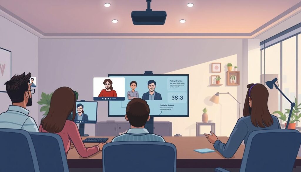 A high-quality virtual meeting room with modern videoconferencing system "Videokonferenssystem". The foreground shows users participating remotely, their video feeds visible on screens. The middle ground depicts technical challenges like poor internet connection, lagging video, and microphone issues. The background showcases a home office setting with distractions like pets, children, and household noise. Soft, diffused lighting creates a contemplative atmosphere, highlighting the sense of disconnect and frustration with remote collaboration. The overall scene conveys the common challenges faced when transitioning to virtual meetings - technological hurdles, lack of in-person interaction, and difficulty maintaining focus and productivity.