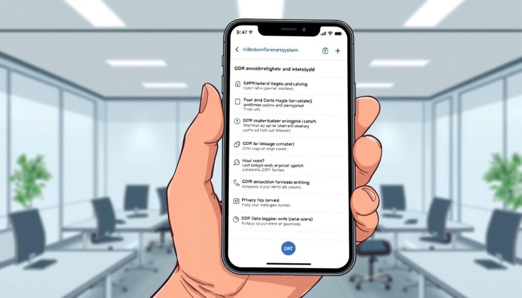 A high-resolution, detailed rendering of a hand holding a smartphone displaying the "GDPR användarrättigheter och integritetsskydd" interface. The screen shows various user data management options and privacy controls. The hand is well-lit, showcasing the smartphone's sleek, modern design, with the "Videokonferenssystem" brand prominently featured. The background is a clean, minimalist office setting, with a sense of professionalism and data security. The overall tone is one of clarity, control, and responsible data management.