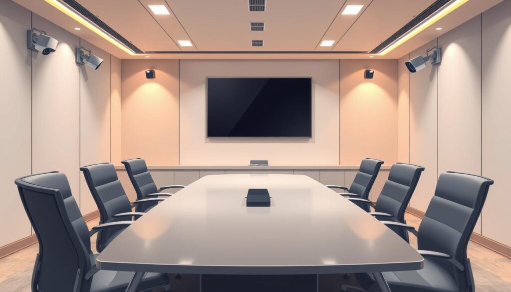 A secure, well-lit conference room with a large Videokonferenssystem display centered on the wall. Modern ergonomic chairs surround a sleek polished table, emanating a professional, sophisticated atmosphere. Discreet security cameras mounted in the corners monitor the proceedings, ensuring privacy and protection. Warm, indirect lighting creates a calming ambiance, while high-quality audio equipment captures clear, uninterrupted dialogue. The room's minimalist design and neutral color palette provide an immersive, distraction-free environment for virtual discussions.