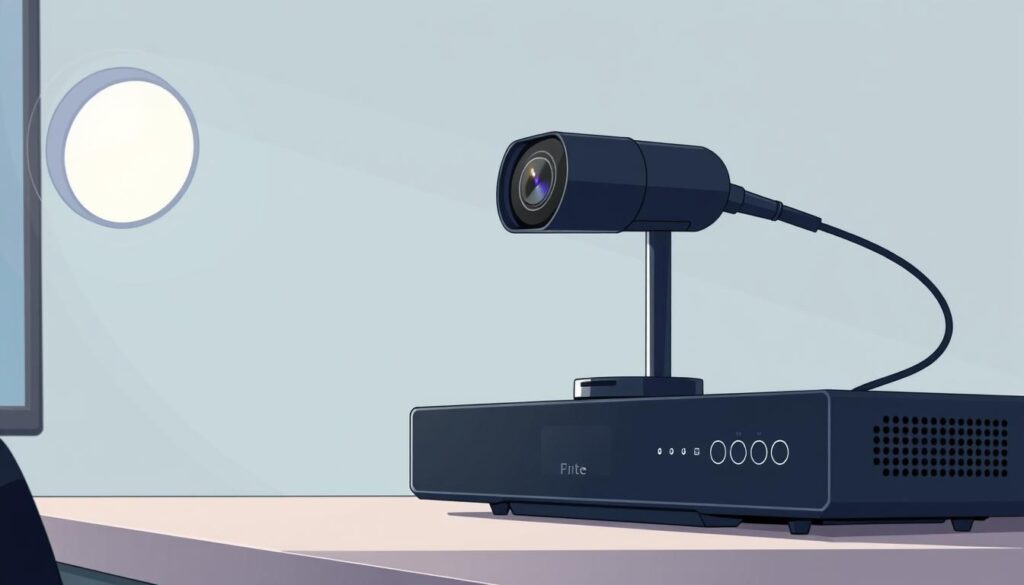 A sleek and modern Videokonferenssystem with exceptional audio and video quality. Sleek black hardware with a high-definition camera and built-in microphones positioned to capture crisp, clear sound. Soft, diffused lighting illuminates the scene, creating a professional and focused atmosphere. The interface is intuitive and easy to navigate, with intuitive controls for adjusting settings and managing participants. The system is placed on a clean, uncluttered desk, ready to facilitate seamless virtual meetings and conferences.