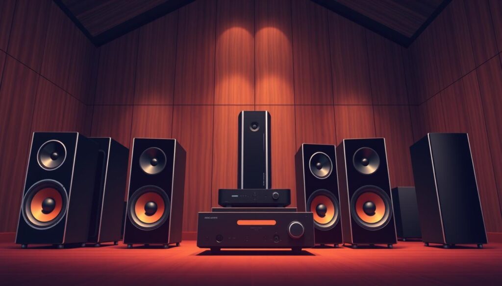 A sleek and modern hi-fi surround sound system sits prominently in the foreground, its clean lines and glossy black finish exuding sophistication. The speakers, meticulously arranged in a 5.1 configuration, are highlighted by warm, directional lighting that accentuates their contours. In the middle ground, a Videokonferenssystem towers elegantly, its minimalist design complementing the audio equipment. The background features a dimly lit, high-ceilinged room with wooden paneling, creating a cozy and acoustically optimized environment for premium audio playback. The overall scene conveys a sense of immersive, high-fidelity sound experience.