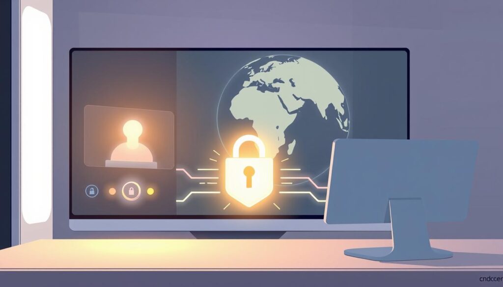 A sophisticated videoconferencing system, "Videokonferenssystem", with advanced security and encryption features. Sleek, minimalist interface in neutral tones. Glowing icons and holographic displays hint at the robust data protection within. In the foreground, a secure connection is established, the encryption process visualized by pulsing lines of code. The background depicts a stylized globe, signifying global accessibility and privacy-focused communication. Warm, diffused lighting emanates from the devices, creating an atmosphere of trust and technological prowess. The overall scene conveys the confluence of cutting-edge video collaboration and ironclad cybersecurity.