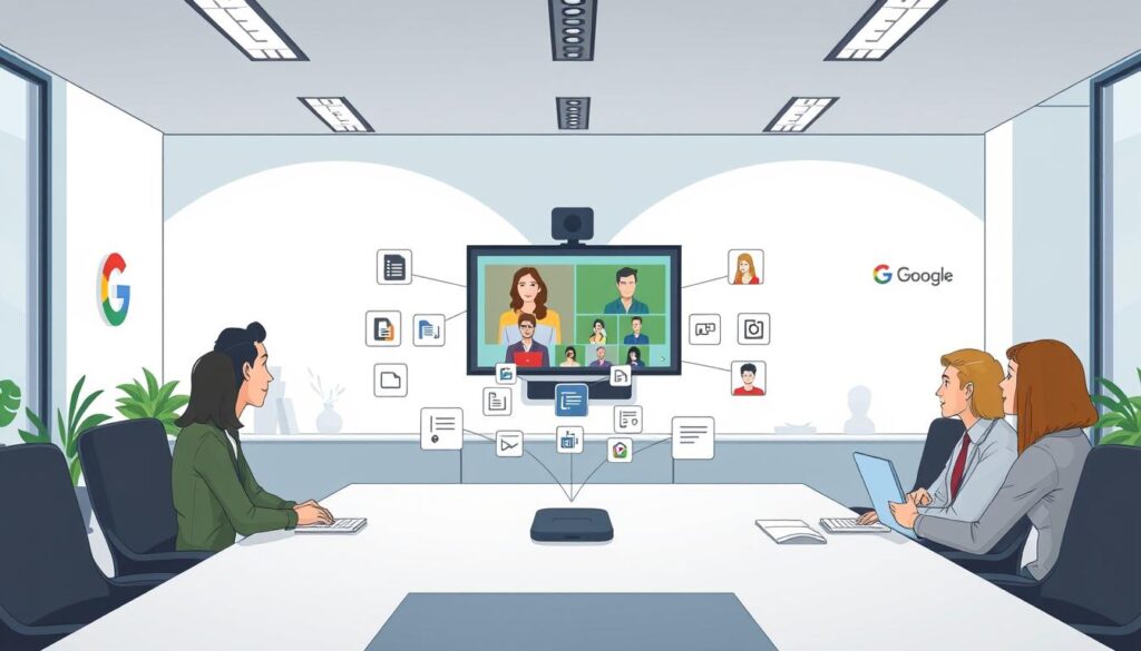A well-lit office interior, showcasing the seamless integration of the Videokonferenssystem (Google Meet) with the Google Workspace suite. In the foreground, a group of professionals collaborating around a sleek conference table, their faces visible on a large wall-mounted display. The middle ground features an array of productivity apps and file-sharing tools, metaphorically connecting the physical and digital spaces. The background subtly hints at the broader Google ecosystem, with subtle branding and a clean, minimalist aesthetic. The overall scene conveys a sense of efficiency, connectivity, and a streamlined workflow, highlighting the "Användning av externa appar" within the Google Meet-kompatibla ecosystem. Prompt