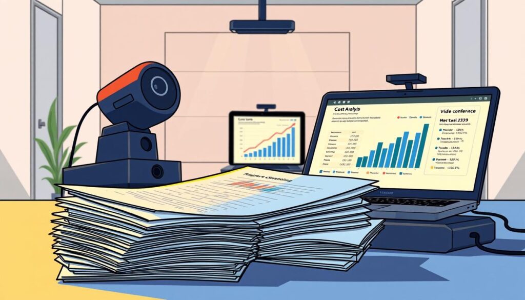 Kostnadsjämförelse för videokonferenser och fjärrmöten A vibrant, detailed illustration showcasing the comparative costs of various Videokonferenssystem and remote conferencing solutions. In the foreground, a stack of financial reports and budgeting documents illuminated by warm task lighting. In the middle ground, sleek desktop videoconferencing hardware and a laptop display depicting cost analysis charts and graphs. The background features a minimalist office setting with clean lines, muted colors, and subtle shadows to create depth and focus attention on the central financial elements. The overall mood is one of professional, data-driven decision-making around the selection of the optimal Videokonferenssystem for the organization.