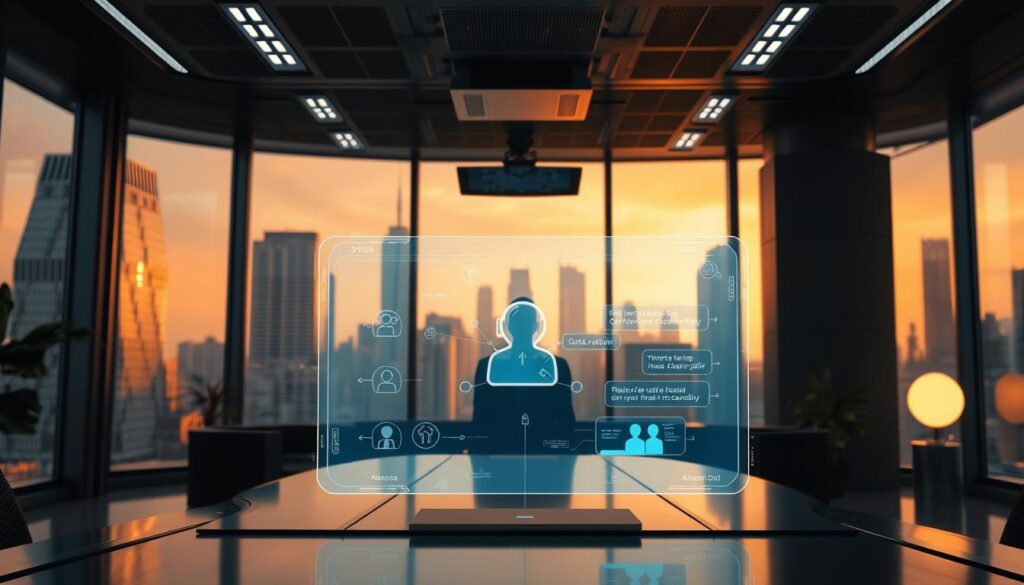 A futuristic office setting, with a sleek, minimalist Videokonferenssystem display showcasing data encryption and security protocols. In the foreground, a holographic interface presents a secure Teams chat, while the background features a cityscape of skyscrapers through large windows, bathed in a warm, ambient lighting. The scene conveys a sense of technological sophistication and the importance of data protection in modern digital communication.