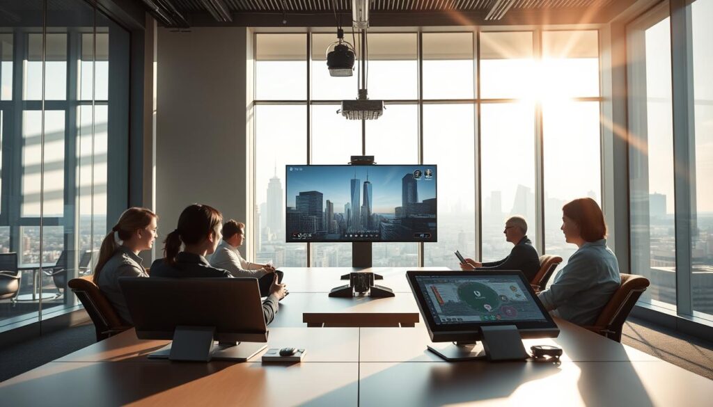 A modern, interactive conference room with sleek, minimalist Videokonferenssystem equipment. Sunlight streams through large windows, casting a warm glow across the space. In the foreground, a group of professionals engages with the system's intuitive touchscreen controls, collaborating seamlessly. The middle ground features comfortable seating and a central conference table, encouraging open discussion. The background showcases a city skyline, hinting at the global reach of the virtual meeting. The overall atmosphere is one of technological sophistication, productivity, and human connection.