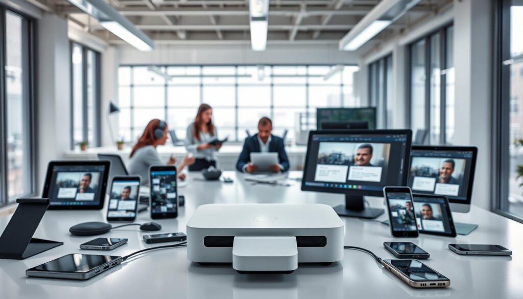 A modern, minimalist office setting with sleek, interconnected mobile devices and collaboration apps prominently displayed. In the foreground, a "Videokonferenssystem" device with a clean, intuitive interface, surrounded by a range of tablets and smartphones. The middle ground features colleagues engaged in animated discussions, their screens mirroring the latest project updates. The background showcases an airy, well-lit workspace with large windows, creating a sense of openness and productivity. The overall atmosphere conveys efficiency, seamless communication, and the transformative power of digital tools in the modern workplace.