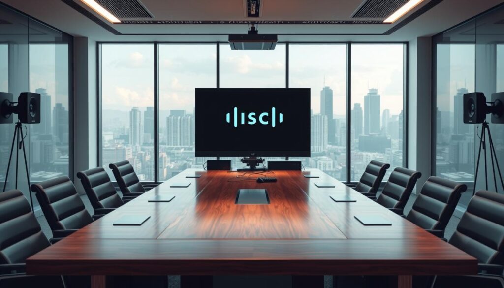 A modern, well-equipped Videokonferenssystem (Cisco Room Kit) in a sleek, minimalist meeting room. A large, high-resolution display dominates the foreground, flanked by high-quality speakers and a discreet microphone array. Soft, indirect lighting creates a warm, inviting atmosphere. The middle ground features a polished wooden conference table surrounded by comfortable, ergonomic chairs. The background showcases expansive windows overlooking a picturesque cityscape, bathed in natural light. This setup conveys a sense of professional sophistication, technological prowess, and collaborative potential, ideal for the "Jämförelse med andra rumsbokningssystem" section of the article.