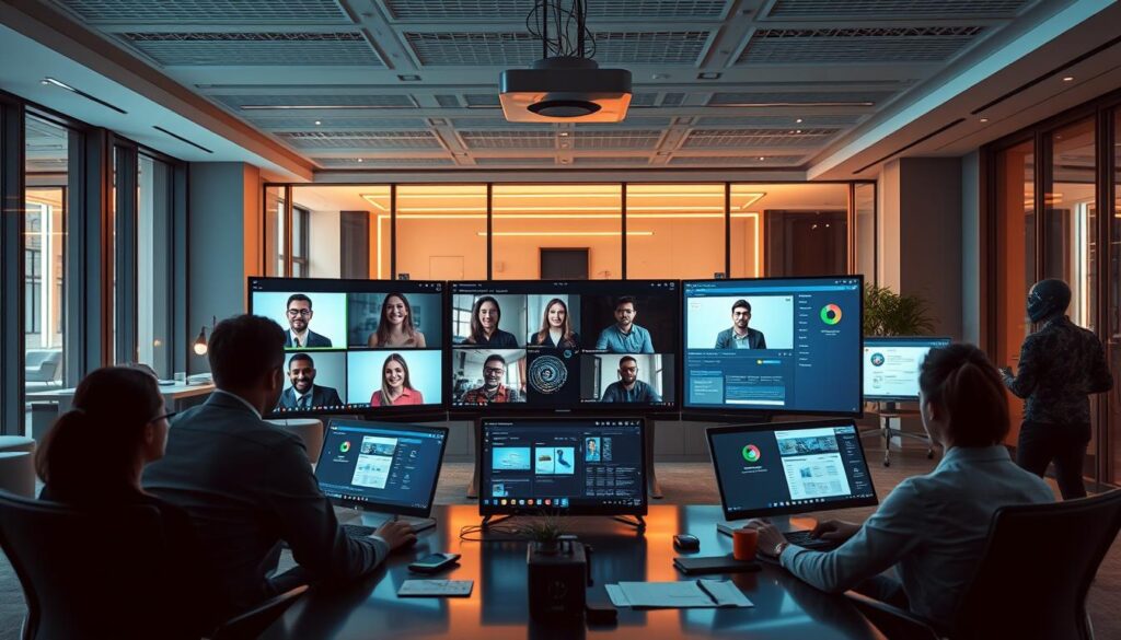 A modern, well-equipped digital collaboration workspace featuring a sleek Videokonferenssystem interface. The foreground showcases a group of coworkers engaged in a real-time virtual meeting, their faces displayed on high-resolution screens. In the middle ground, an array of collaborative tools and software, including shared whiteboards, document editors, and project management dashboards. The background depicts a minimalist, tech-forward office environment with large windows, contemporary furnishings, and subtle ambient lighting, creating a sense of productivity and teamwork. The overall atmosphere conveys efficiency, connectivity, and a forward-thinking approach to remote and hybrid work.