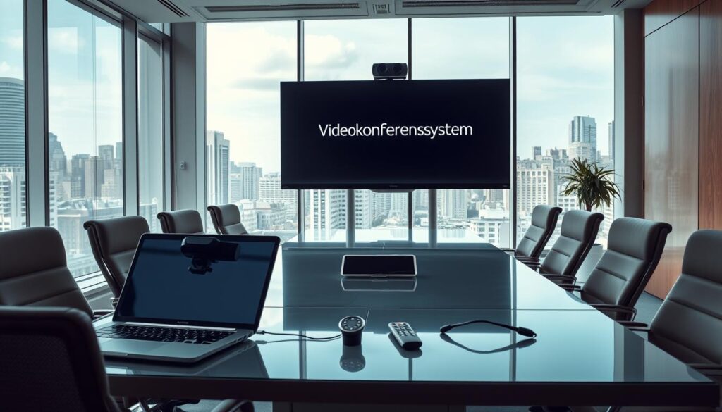 A modern, well-lit office space with a large, sleek videoconferencing system prominently displayed. The system features the brand name "Videokonferenssystem" in a clean, minimal font. In the foreground, a laptop, webcam, and wireless presenter remote are neatly arranged, suggesting the tools needed to host a professional web conference. The middle ground showcases several comfortable chairs surrounding a glass conference table, creating an inviting atmosphere for remote participants. The background features large windows overlooking a cityscape, evoking a sense of connection and global collaboration. The overall scene conveys a sense of preparedness, technology, and efficiency for web-based meetings.