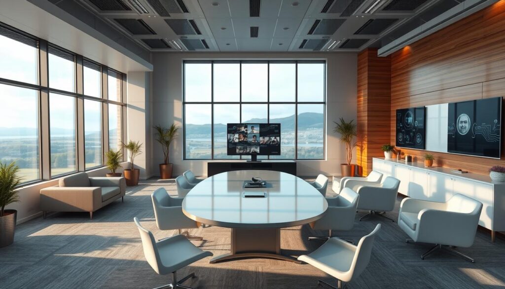 A spacious, airy virtual meeting room with modern, minimalist furniture and large windows overlooking a scenic landscape. Soft, diffused lighting creates a calming, collaborative atmosphere. In the center, a sleek, curved conference table with Videokonferenssystem equipment enables seamless remote collaboration. Whiteboards and digital displays line the walls, facilitating interactive presentations and information sharing. Potted plants and warm wood accents add natural elements, fostering a sense of well-being. The room's layout and design promote productivity, communication, and a productive, distraction-free remote work experience.