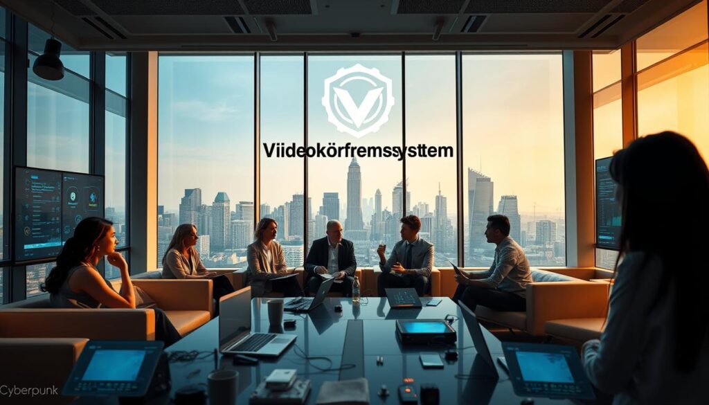 A virtual meeting room with a stylized "Videokonferenssystem" logo prominently displayed. The room has sleek, modern furniture and large windows overlooking a bustling city skyline. The lighting is a warm, natural glow, creating a professional yet inviting atmosphere. In the foreground, a group of diverse professionals engaged in a lively discussion, their body language and facial expressions conveying the technical challenges they face when using the virtual meeting platform. The middle ground features various digital devices and interfaces, representing the complex technological aspects of virtual meetings. The background showcases a cityscape with towering skyscrapers, symbolizing the global reach and scale of modern business operations.
