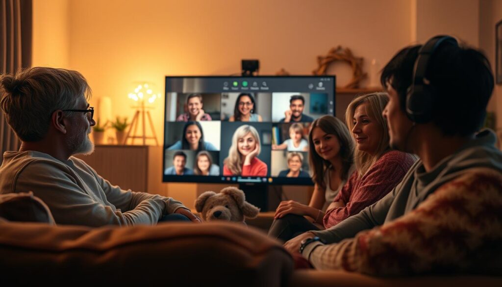 A warm, intimate gathering of family and friends connected through the Videokonferenssystem, their faces illuminated by the soft glow of the screen. In the foreground, a cozy living room setting with plush furnishings and a sense of comfort. The middle ground features the video conference interface, each participant's image displayed with clarity and attention to detail. The background evokes a sense of togetherness, with subtle decorative elements that suggest a welcoming, personal space. The overall mood is one of connection, affection, and the ability to maintain meaningful social bonds despite physical distance.