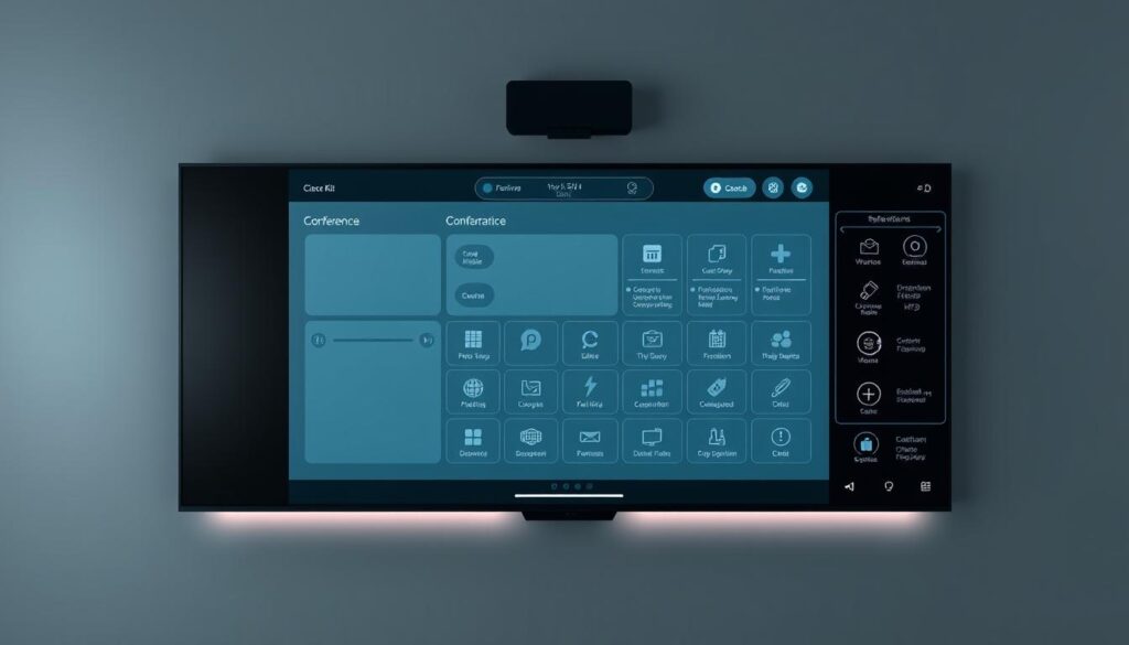 Sleek and intuitive Videokonferenssystem control interface, showcasing Cisco Room Kit's modern design. A minimalistic, well-organized touchscreen display with clean lines, sharp edges, and a muted color palette of grays and blacks. Subtle ambient lighting illuminates the interface, creating a professional, high-tech atmosphere. The layout features large, easy-to-navigate icons and menus, allowing for seamless conference management. The overall impression is one of sophistication, efficiency, and user-friendliness, reflecting the Cisco Room Kit's emphasis on enhancing the conferencing experience.