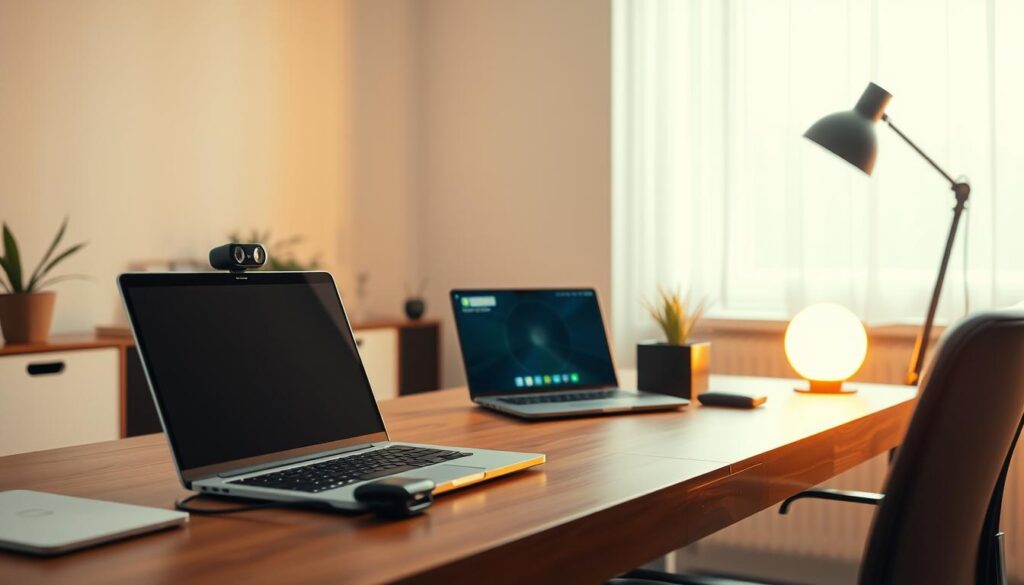 A cozy and well-organized home office setting, with a sleek and modern "Videokonferenssystem" setup on a wooden desk. Soft, warm lighting illuminates the scene, creating a productive and inviting atmosphere. In the foreground, a laptop, a wireless headset, and a high-quality webcam are neatly arranged, ready for an efficient online meeting. The middle ground features minimal, tasteful decor, such as a potted plant and a framed art piece, adding a touch of personalization. The background showcases a clean, minimalist wall with a large window, allowing natural light to stream in and providing a visually pleasing backdrop for the video call.