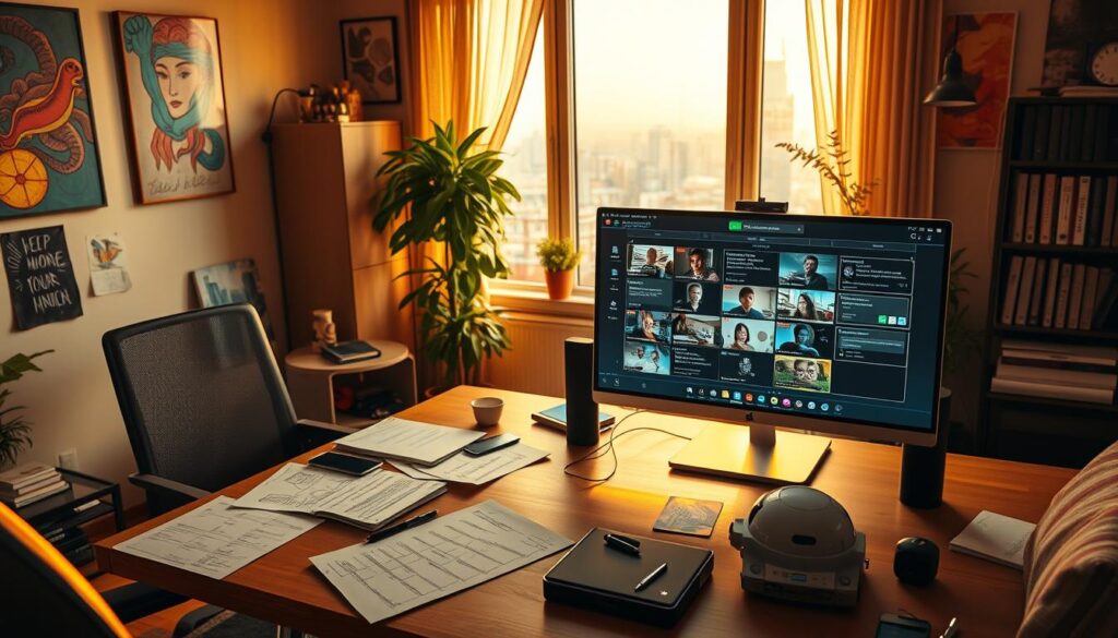 A cozy home office, its walls adorned with vibrant art, serves as the backdrop for the planning of a virtual conference. In the foreground, a sleek "Videokonferenssystem" takes center stage, its intuitive interface displayed on a high-resolution monitor. Surrounding it, an array of notes, sketches, and a well-organized schedule suggest the meticulous preparation underway. The lighting is warm and inviting, casting a soft glow that enhances the sense of focus and productivity. Through the window, a glimpse of a bustling city skyline hints at the global reach of this virtual event. The mood is one of determined efficiency, as the organizers meticulously ensure that every detail is accounted for, paving the way for a seamless and engaging virtual conference experience.