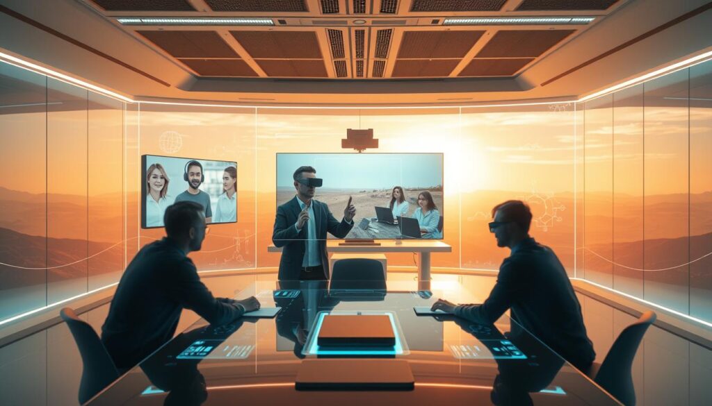 A futuristic scene depicting the next generation of virtual meetings, showcasing the seamless integration of augmented reality (AR) and virtual reality (VR) technologies. In the foreground, a group of professionals engage in a Videokonferenssystem, their faces and gestures immersed in a 3D holographic display. The middle ground reveals a sleek, minimalist office space, with virtual workstations and interactive whiteboards. In the background, a vast, dreamlike landscape unfolds, blending the physical and digital realms, hinting at the boundless possibilities of remote collaboration. The scene is bathed in a warm, natural light, creating a sense of balance and harmony between the technological and the organic. The overall atmosphere conveys a future where virtual meetings transcend the constraints of traditional video conferencing, fostering deeper connections and more efficient workflows.