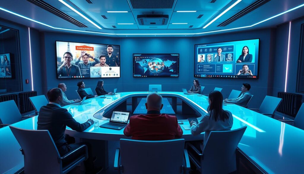 A modern, brightly-lit virtual conference room with large display screens showcasing interactive presentations. Participants engage via a sleek, intuitive Videokonferenssystem interface, their avatars and shared screens visible. The atmosphere is one of focused collaboration, with subtle lighting and clean, minimalist design elements. The overall scene conveys a sense of seamless, immersive interaction, reflecting the future of remote work and conferencing.