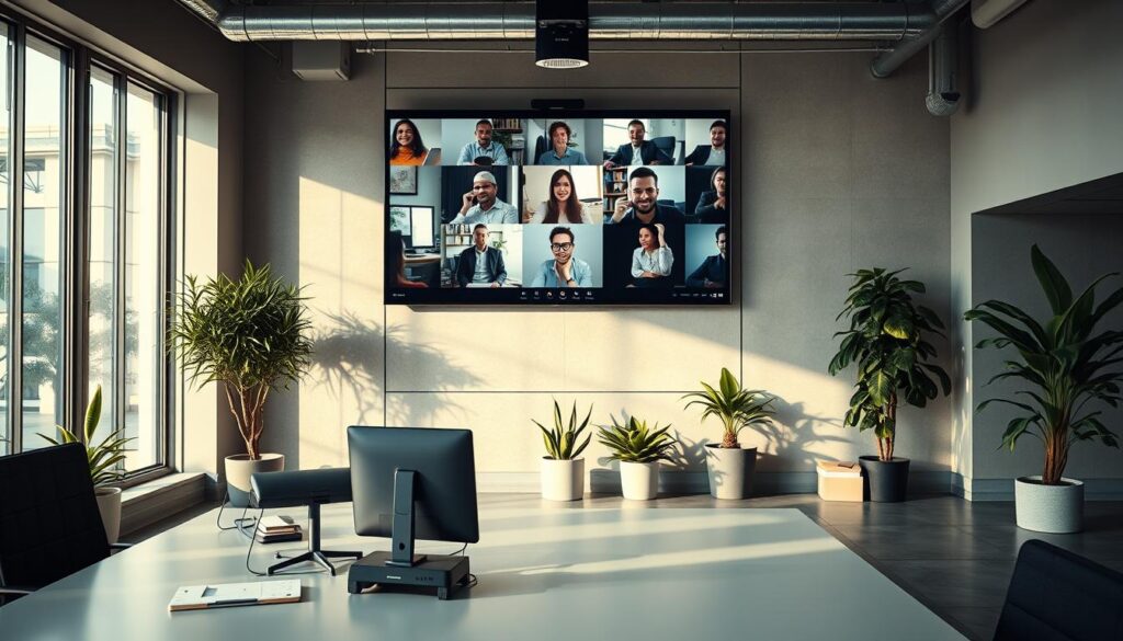 A modern office interior with a large videoconference screen on the wall, displaying various people in a virtual meeting. In the foreground, a sleek desk with a Videokonferenssystem device and a few essential office supplies. Soft, natural lighting filters in through large windows, creating a warm, collaborative atmosphere. The middle ground features comfortable office chairs and a few potted plants, suggesting a relaxed yet focused work environment. In the background, a neutral-toned feature wall provides a clean, minimalist backdrop, emphasizing the technology-driven nature of the online team meeting.
