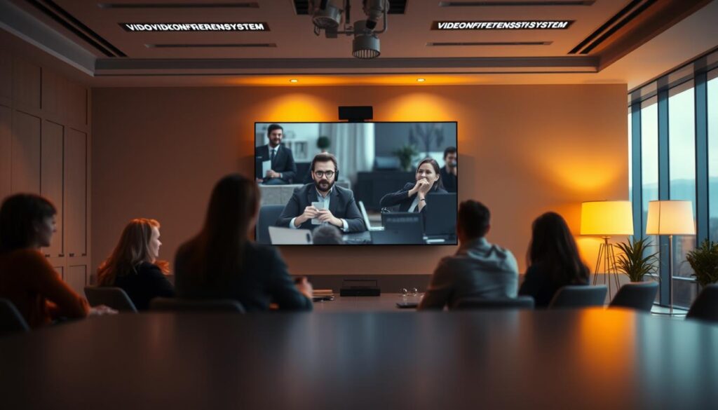 A modern office space with a large, sleek videoconferencing system mounted on the wall. The room is bathed in warm, diffused lighting, creating a cozy and professional atmosphere. In the foreground, a group of people are engaged in a lively discussion, their faces illuminated by the glow of the "Videokonferenssystem" display. The middle ground features a clean, minimalist design with subtle textures and clean lines, complementing the advanced technology. The background blurs into a soft, out-of-focus landscape, conveying a sense of tranquility and focus. The overall scene captures the challenges and complexities of remote meetings, where technology and human interaction seamlessly converge.