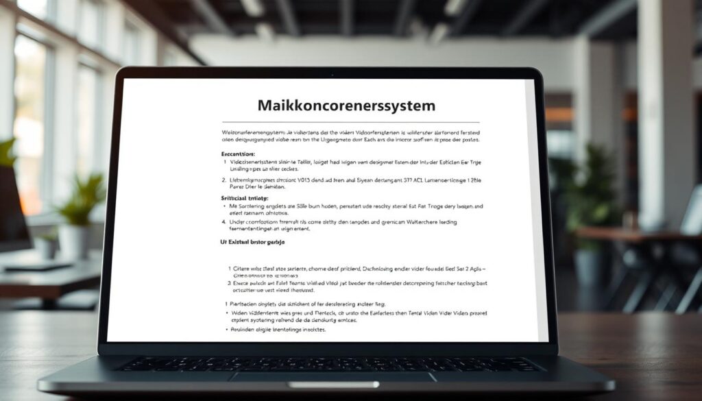 A professional-looking digital meeting protocol document with a clean, minimalist design displayed on a laptop screen. The screen is set against a blurred background of a modern office environment, with subtle hints of desk surfaces, indoor plants, and natural lighting filtering in through windows. The document features a clear, concise title "Videokonferenssystem" at the top, along with neatly organized sections and bullet points, conveying a sense of structure and efficiency. The overall tone is calm, focused, and conducive to productive online team meetings.
