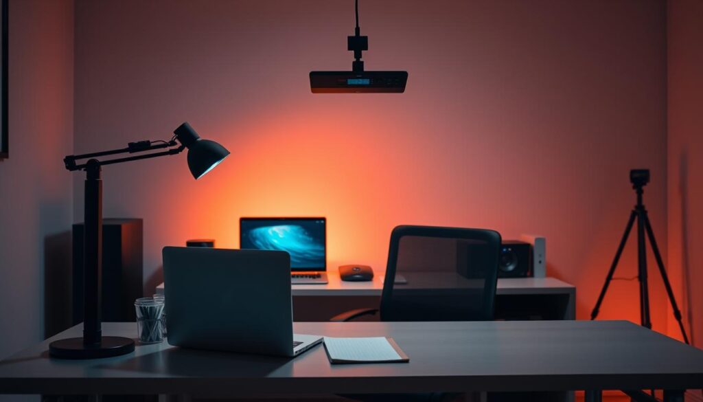 A well-lit home office setup with a clean, minimal desk, a high-quality Videokonferenssystem camera, and a comfortable office chair. The desk is organized with a laptop, a notepad, and a few essential office supplies. The background features a simple, uncluttered wall with warm, diffused lighting, creating a professional and focused atmosphere. The scene conveys a sense of preparedness and efficiency, ready to facilitate productive virtual meetings.