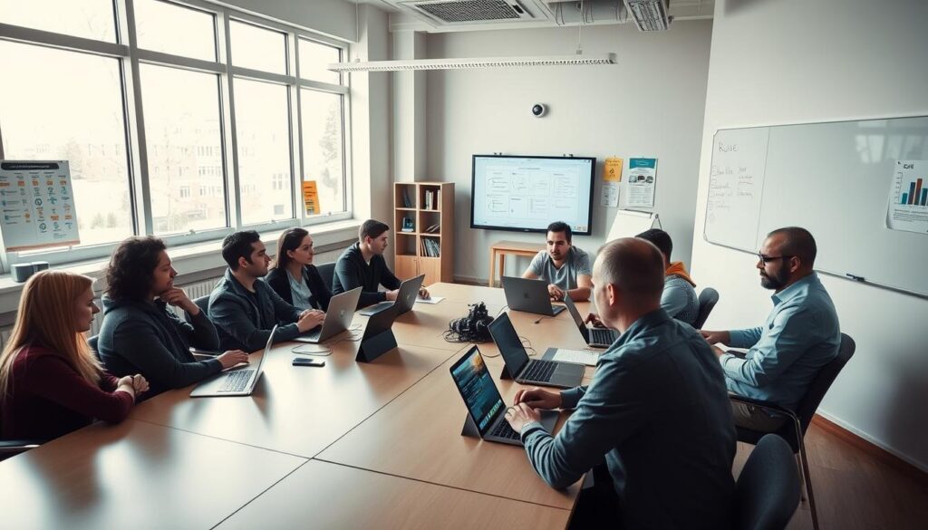A well-lit, modern classroom setting with a group of people engaged in a Videokonferenssystem meeting. The participants are seated around a large conference table, laptops and tablets in front of them, focused expressions on their faces as they discuss the topic at hand. The room has large windows letting in natural light, creating a bright and airy atmosphere. The walls are adorned with educational posters and whiteboards, reinforcing the academic environment. The camera angle is slightly elevated, capturing the scene from an overhead perspective to showcase the collaborative nature of the Videokonferenssystem setup in an educational context.