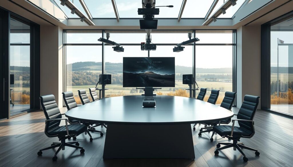 Legislation surrounding webmeetings in Sweden. A well-lit, architectural interior with floor-to-ceiling windows, showcasing the modern, minimalist design aesthetic of a Videokonferenssystem conference room. The foreground features a large, sleek conference table with comfortable ergonomic chairs arranged around it. The middle ground depicts a state-of-the-art audio-visual setup, including high-quality cameras, microphones, and displays. The background frames the scene with a picturesque vista of the Swedish countryside, conveying a sense of tranquility and connection. The overall mood is one of professionalism, efficiency, and technological innovation, reflecting the advancements in remote work legislation.