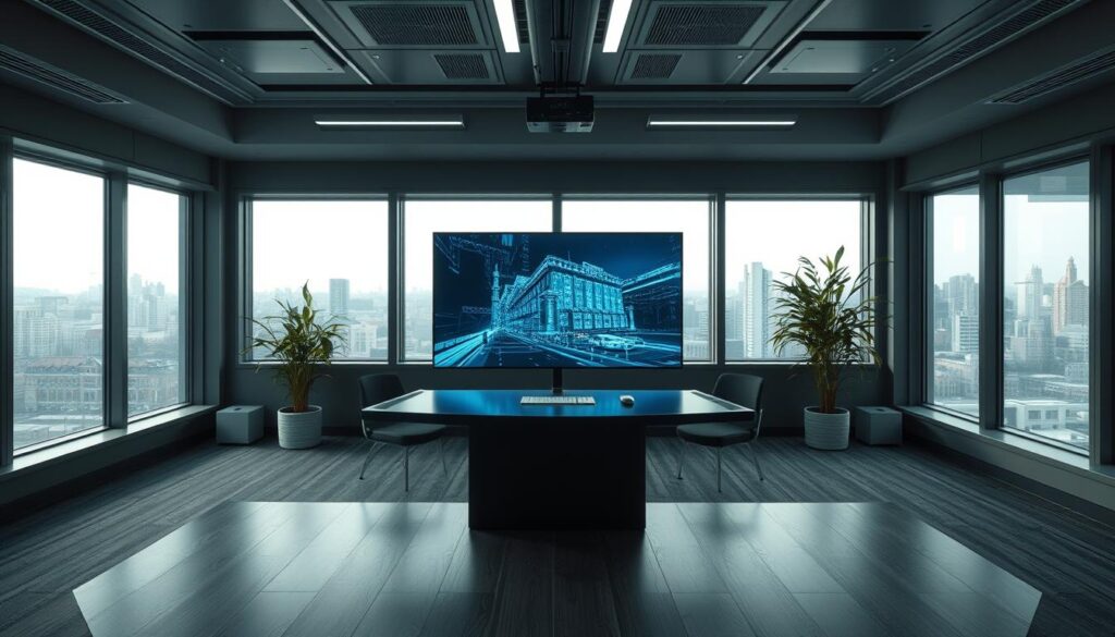 Virtuell mötesplats för effektiva digitala sammanträden. Rymlig, modern kontorsliknande miljö med ett Videokonferenssystem placerat på ett elegant skrivbord i förgrunden. Fönster bakom system ger naturligt ljus och utsikt över en stadshorisont. Bokhyllor och dekorativa växter skapar en lugn, produktiv atmosfär. Belysningen är subtil, skapar mjuka skuggor. Allt är utformat för att underlätta koncentration och effektivitet för deltagare i virtuella möten.