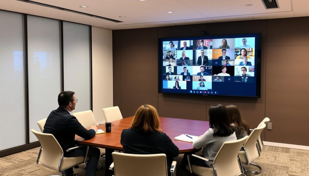Modernt videokonferenssystem i ett hybridmöte med deltagare både på plats och på distans