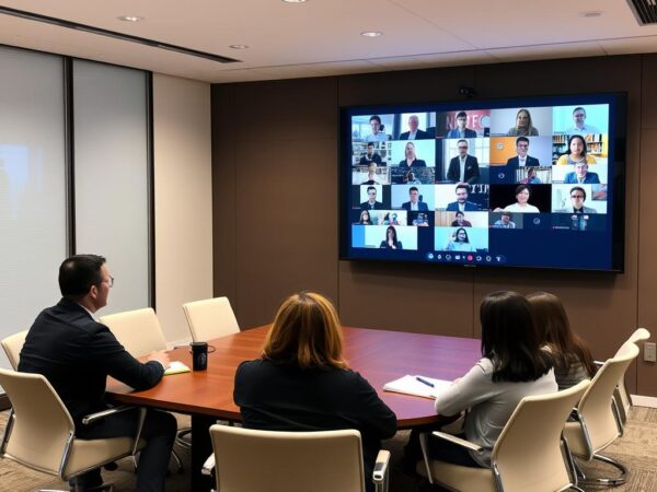 Modernt videokonferenssystem i ett hybridmöte med deltagare både på plats och på distans